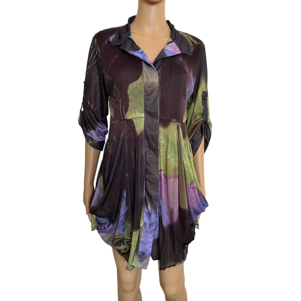 Aria Lindi Peacock Multi Color Draped Pleated Tunic Top Sz. M NWOT